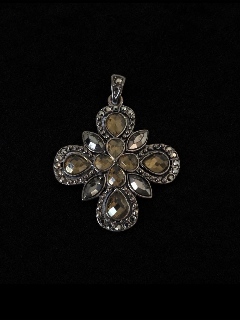 Silver-tone Cross Pendant with Champagne and Smoke Crystals